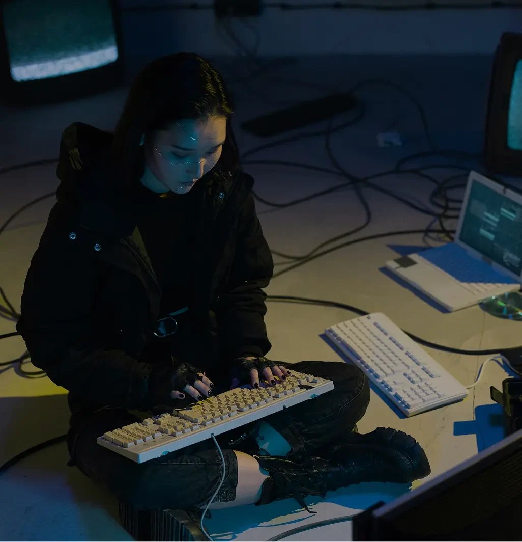 Girl sitting on the floor with a keyboard on her lap while typing.